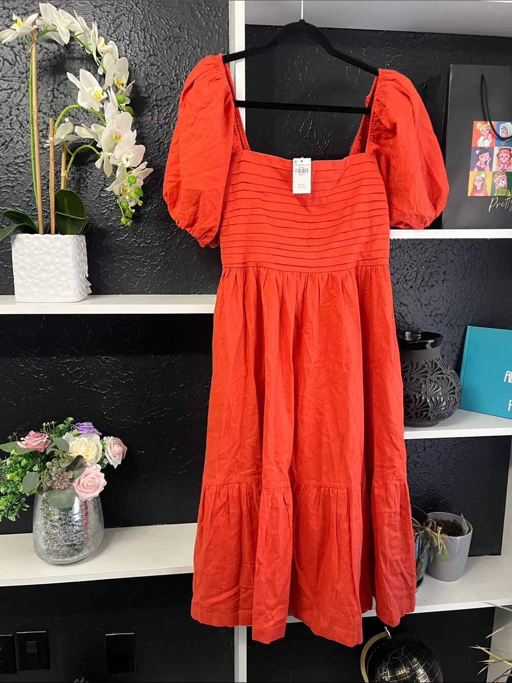 Abercrombie & Fitch Coral-Red Puff Sleeve Tiered Midi Dress
